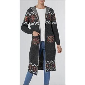 4859)Western Aztec Tribal Long Duster Gray Multicolor Knit Hooded Cardigan Small